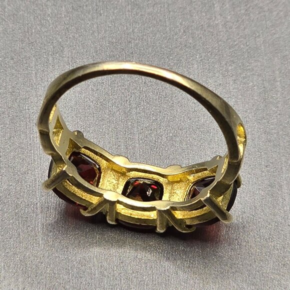 Sterling Vermeil Garnet Ring Size 7 3-Stone Chain Link Band White Zircon Accent - Picture 4 of 11